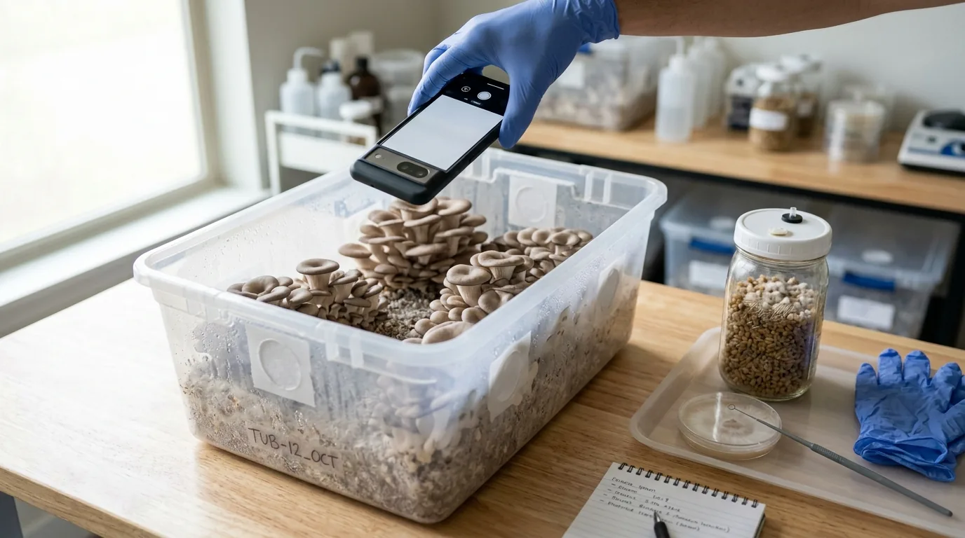 Cultivation tub and grain jar being documented with a phone during a simple multi-spore grow workflow.