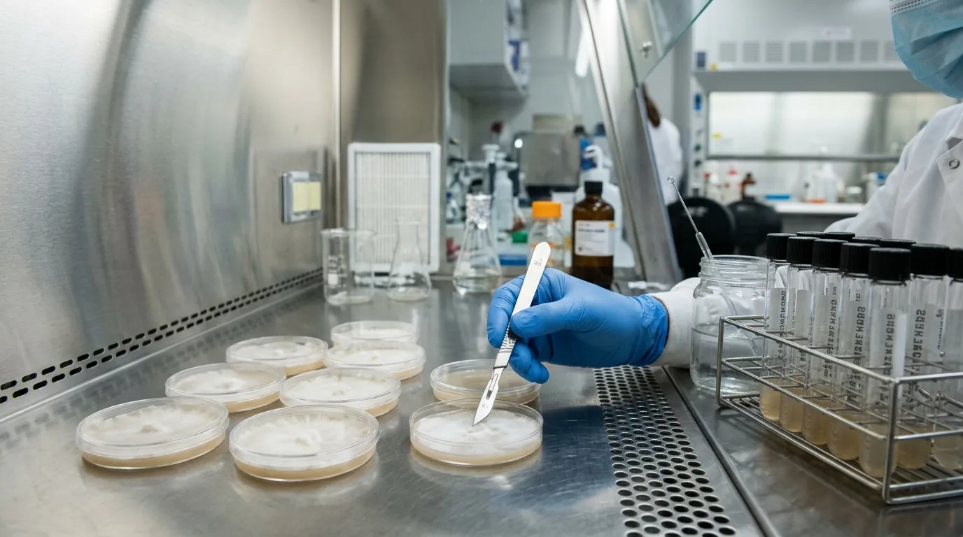 Gloved hand working with agar plates in a sterile hood for mushroom culture isolation.