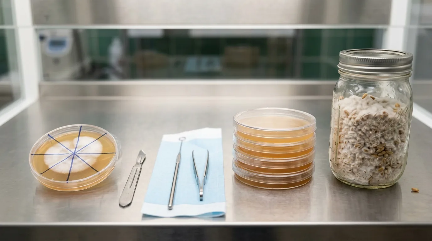 Agar plates and colonized jar arranged on a sterile bench for an overview of culture isolation steps.
