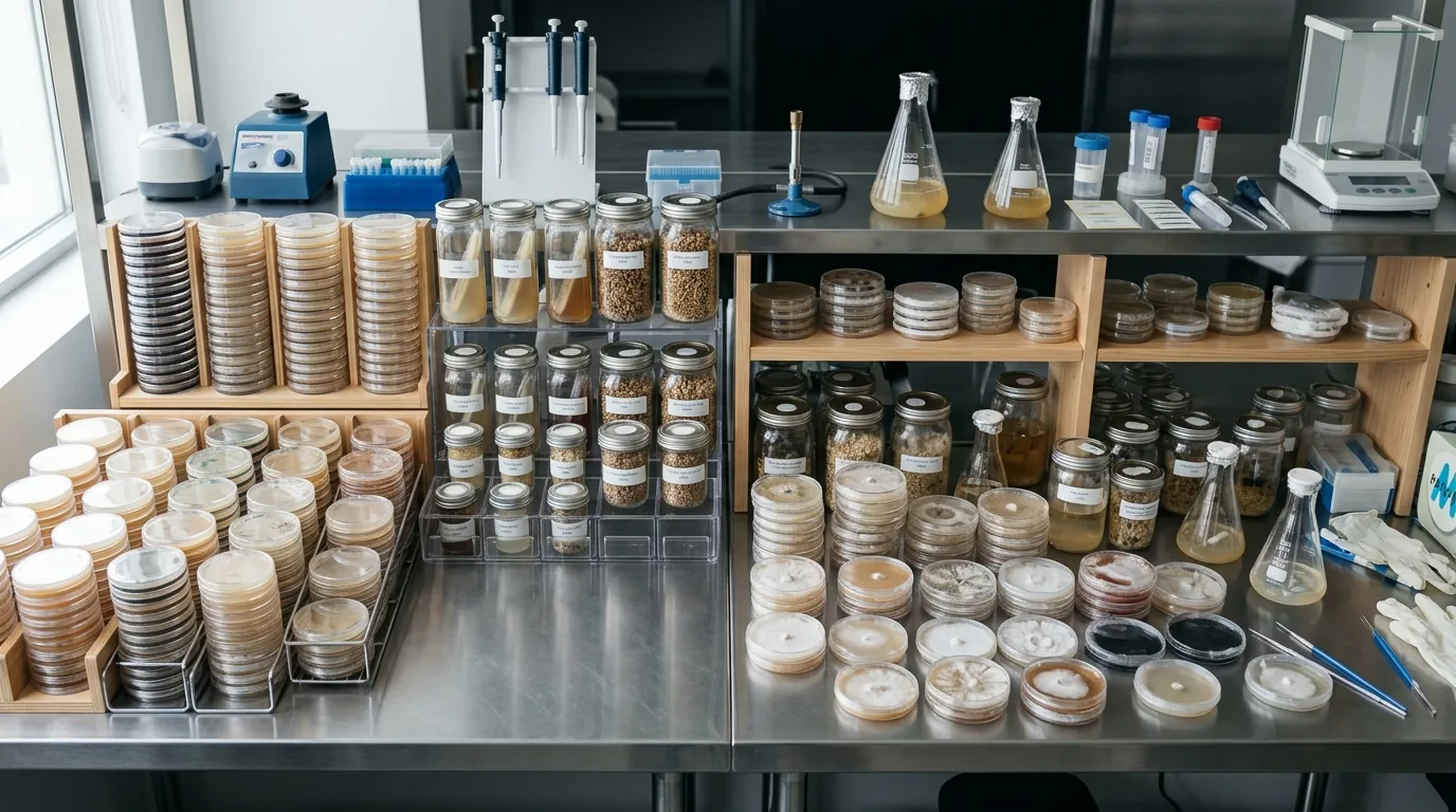 Organized culture library with jars, plates, and lab glassware for comparing named isolates and personal selections.