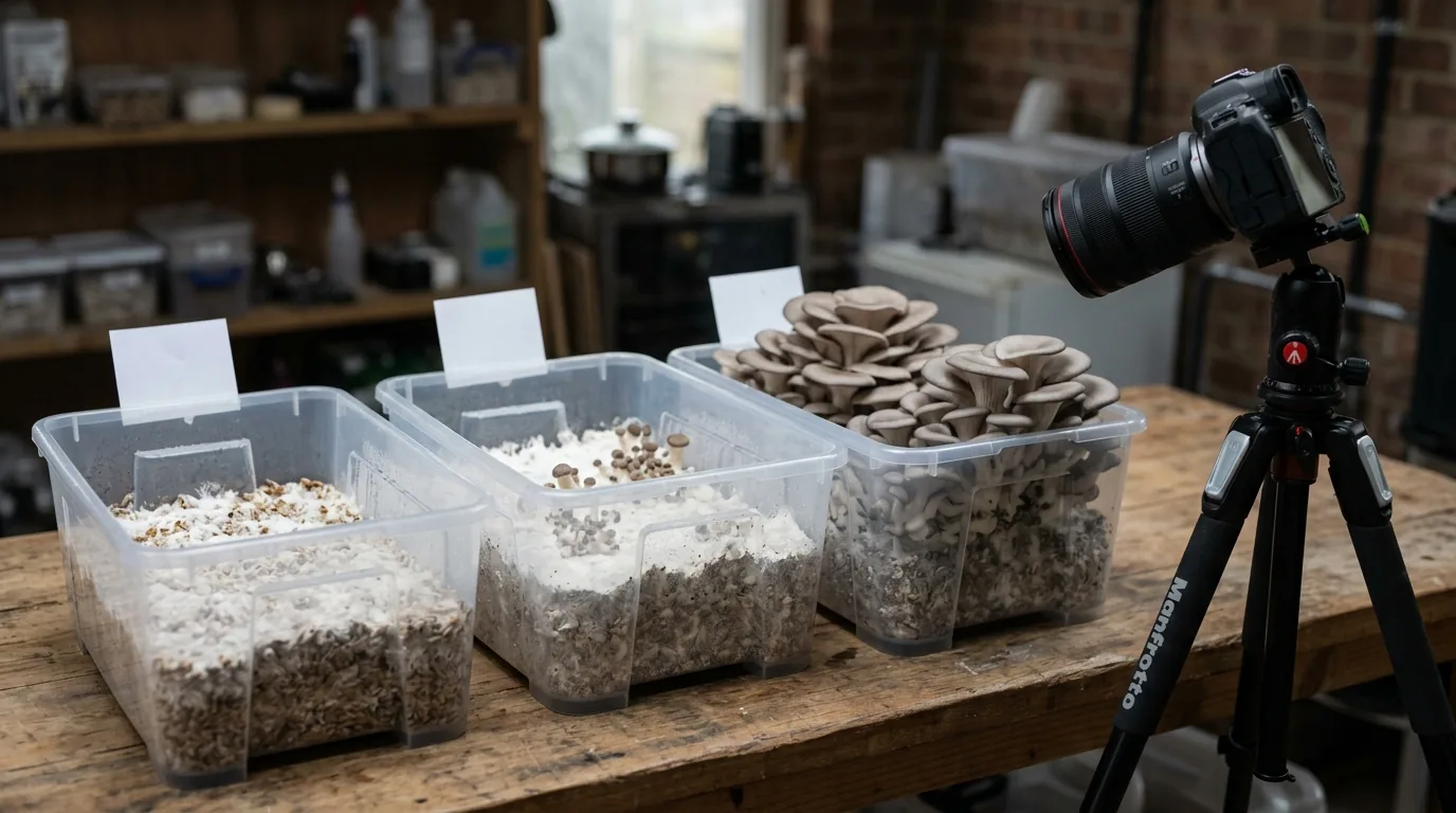 Camera on tripod aimed at mushroom tubs to document flushes and cultivation conditions.