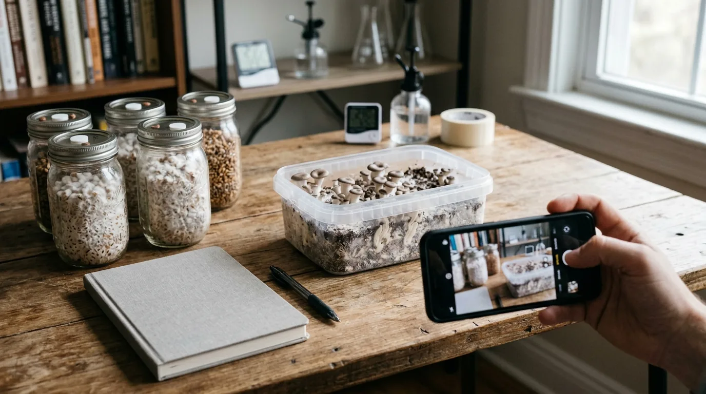 Phone photographing a mushroom tub beside a notebook and grain jars for grow documentation.