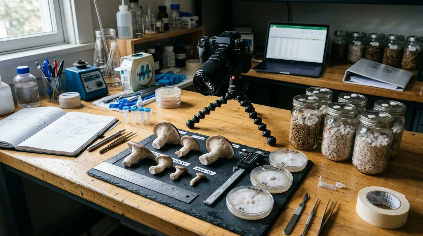 Camera, notes, tools, and mushroom samples arranged for troubleshooting a cultivation issue.