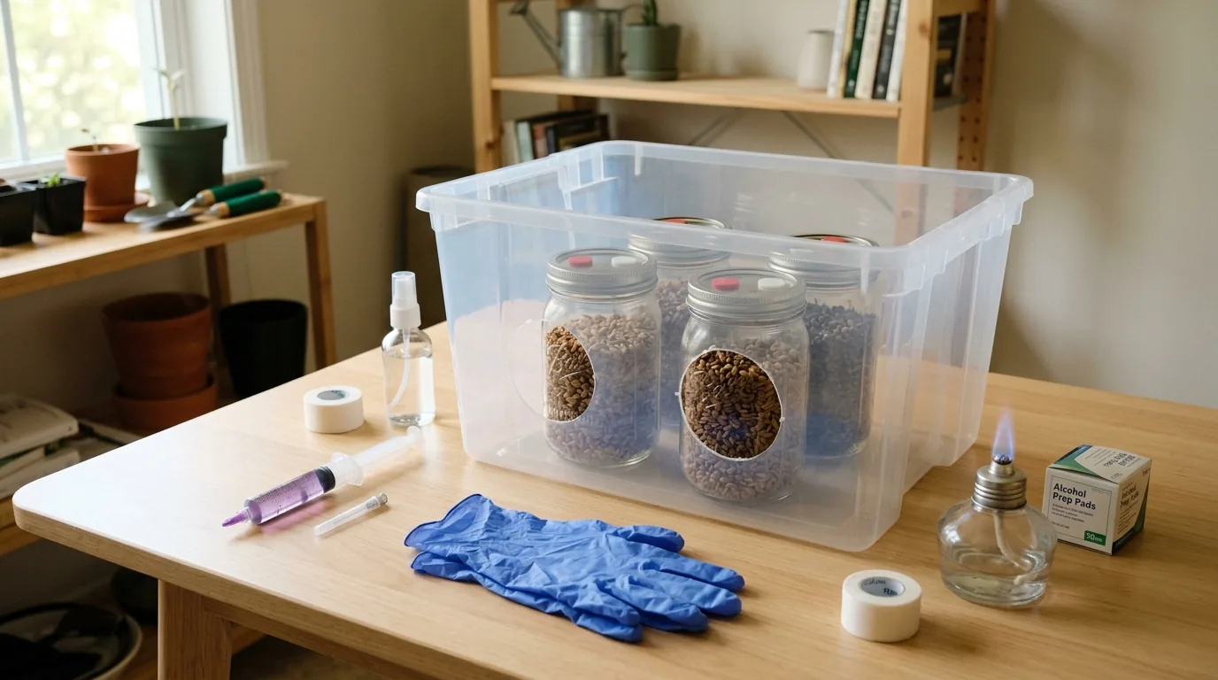 Mushroom cultivation tub with jars, tools, and notebook used for tracking progress over time.