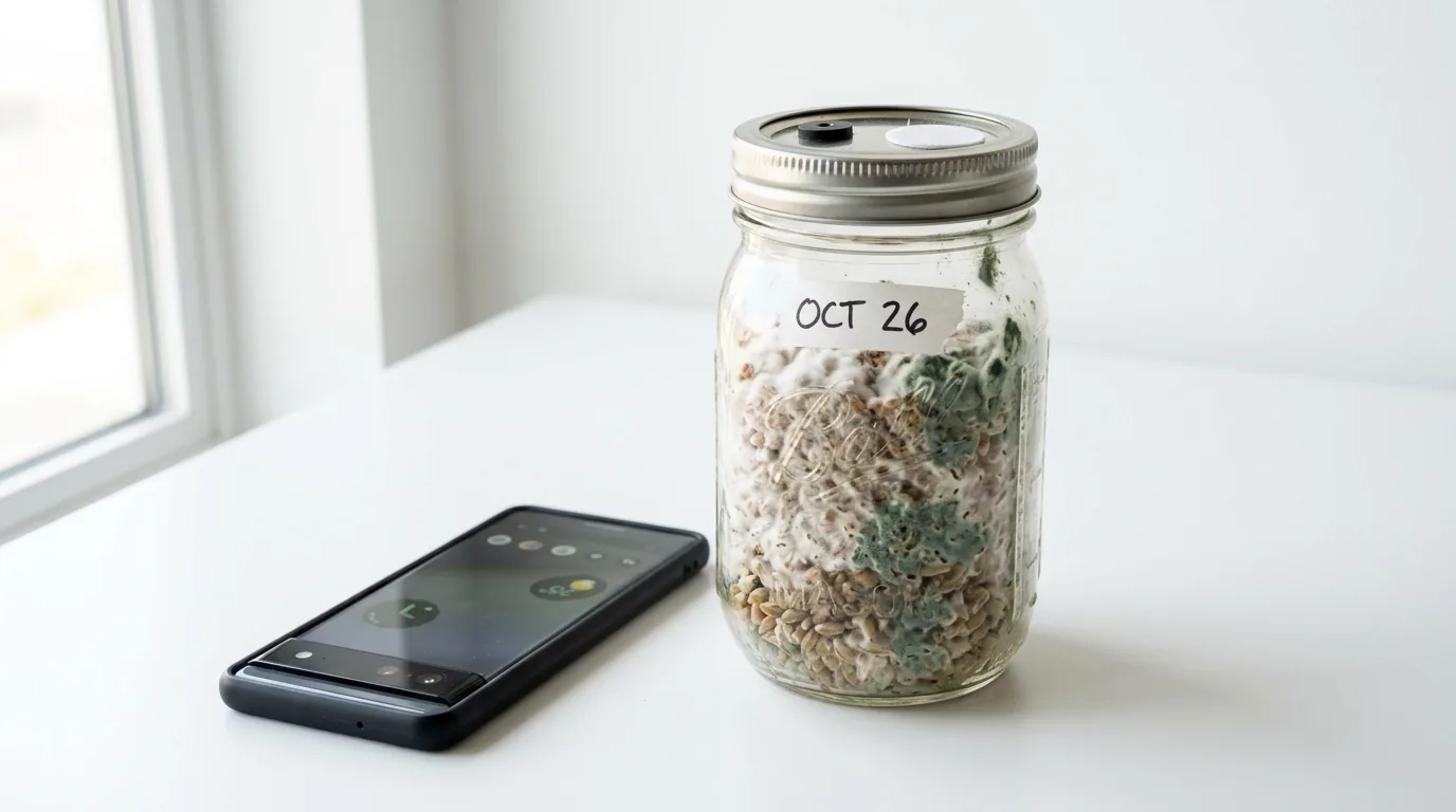 Labeled colonized jar and phone used to record a mushroom culture sample.