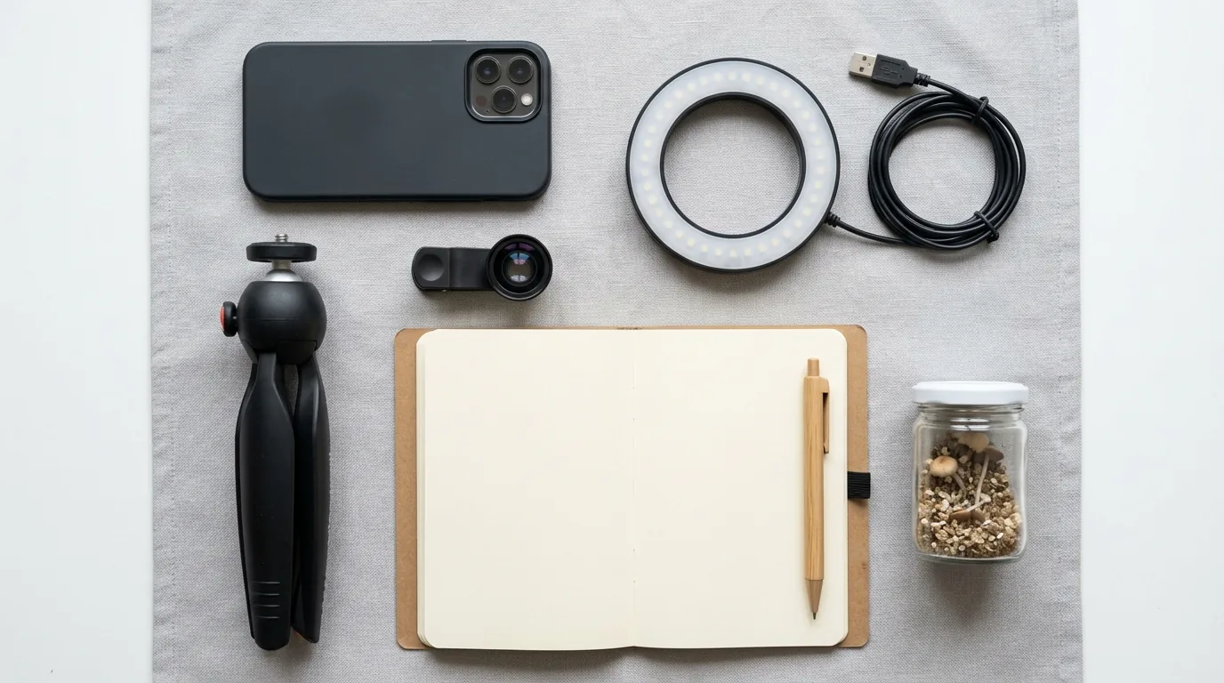 Phone, ring light, small tripod, notebook, and sample jar arranged as basic mushroom photography equipment.