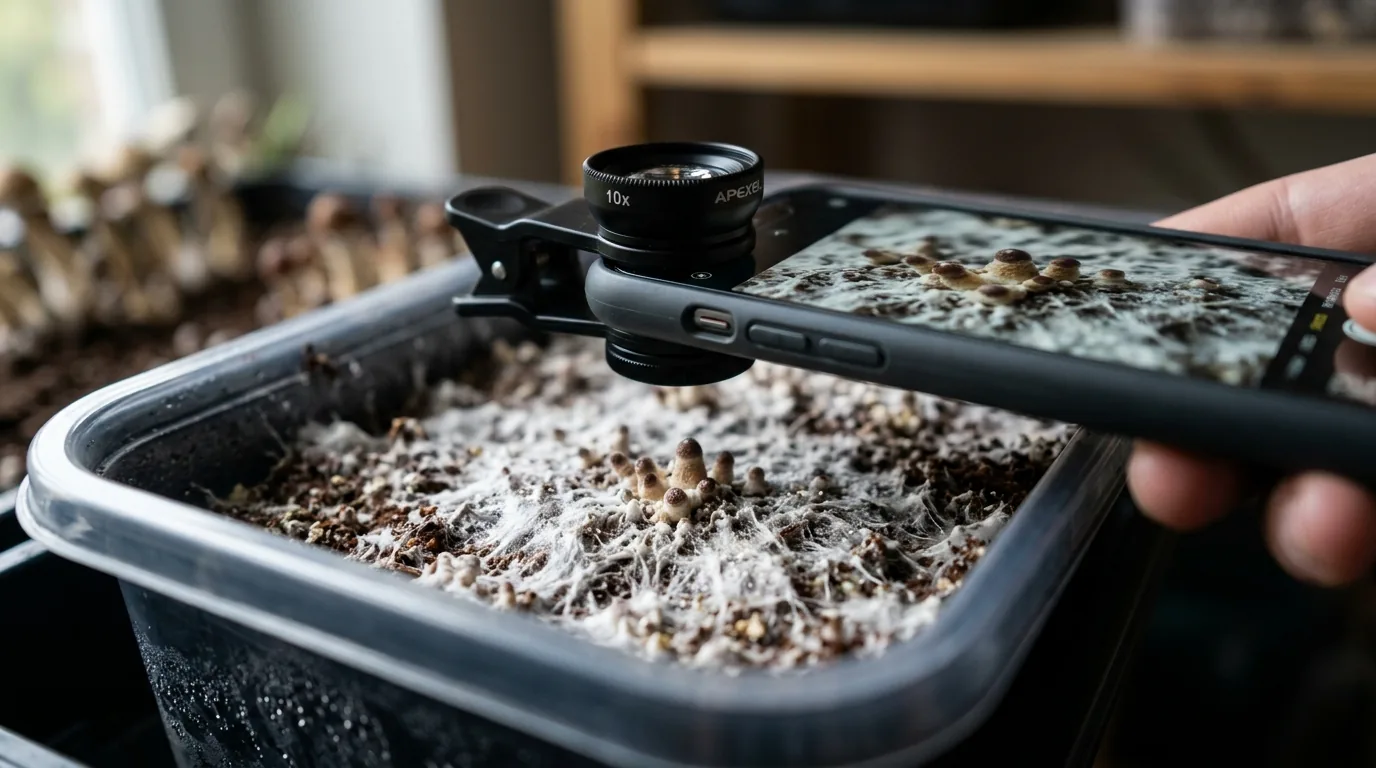 Phone camera close to a mushroom cultivation surface for documenting mycelium and pin development.