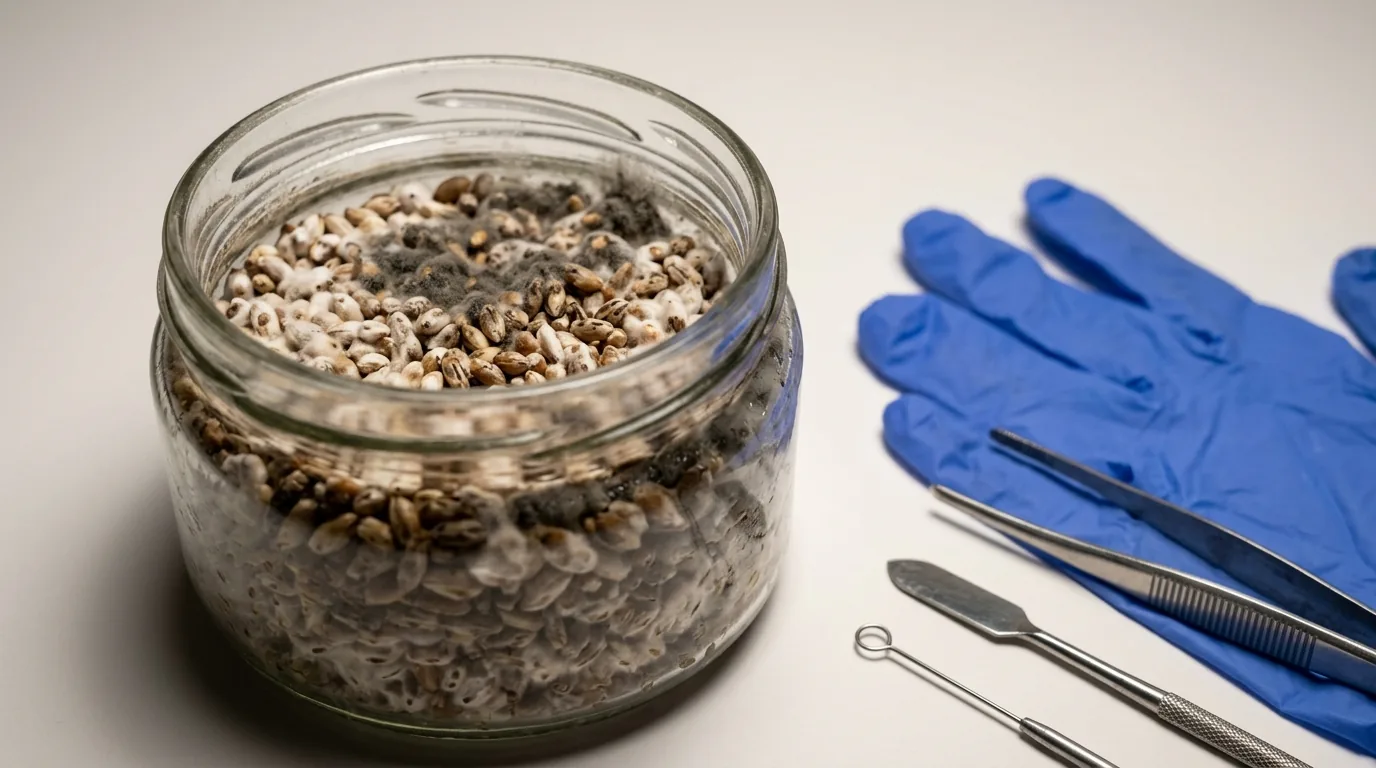 Close-up mushroom substrate jar with tools and gloves for detailed macro-style documentation.