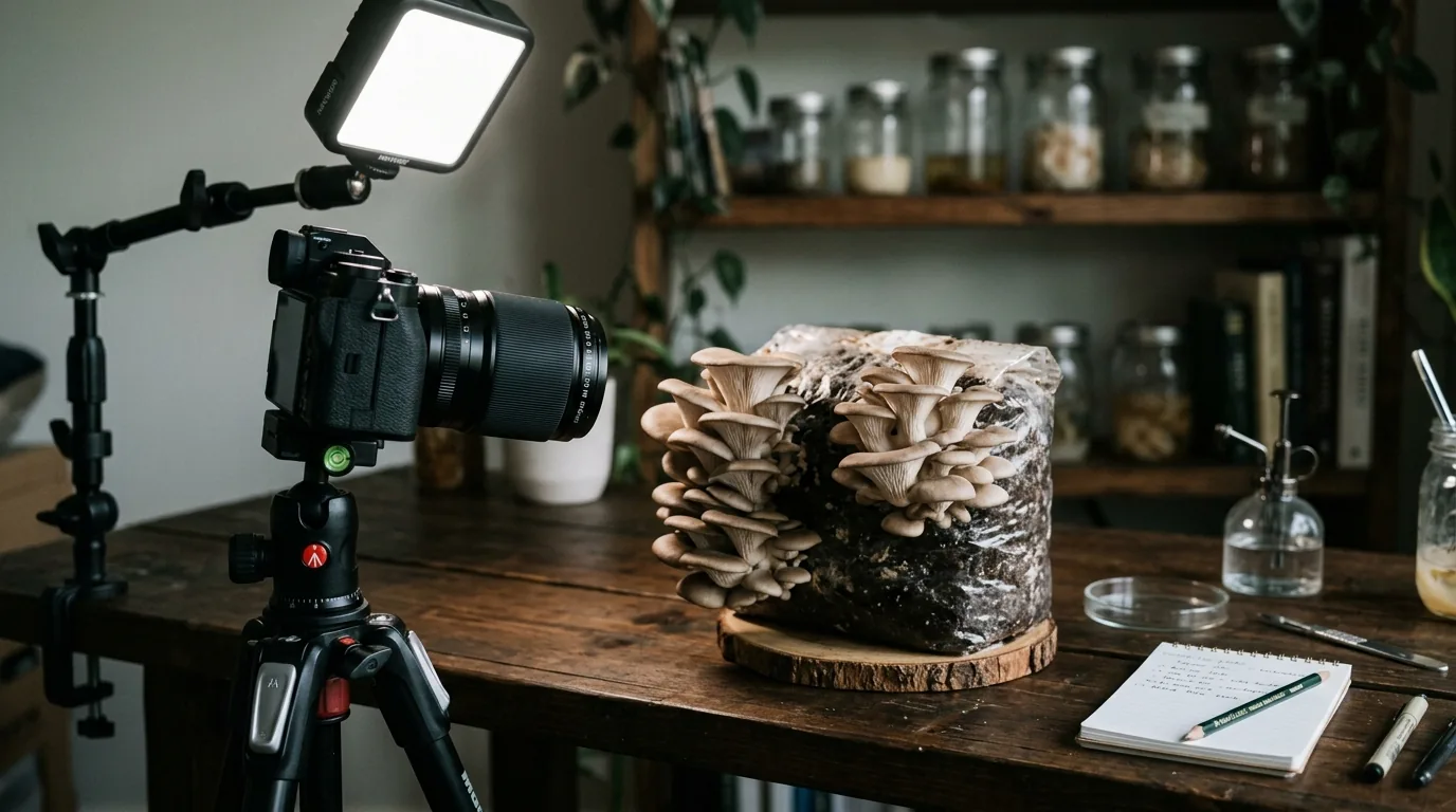 Dedicated camera and light aimed at a mushroom fruiting block for detailed grow photography.