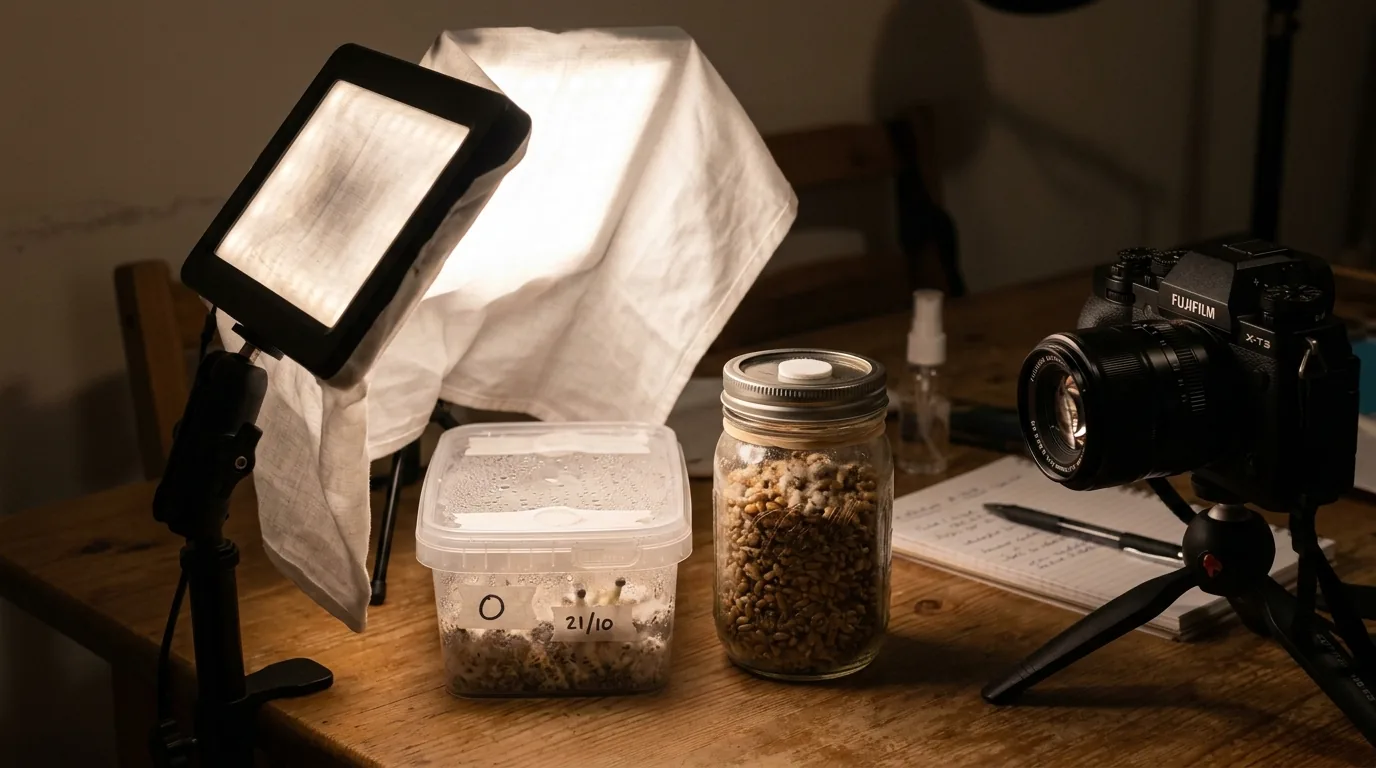 Diffused photography light illuminating mushroom grow jars and a camera setup.