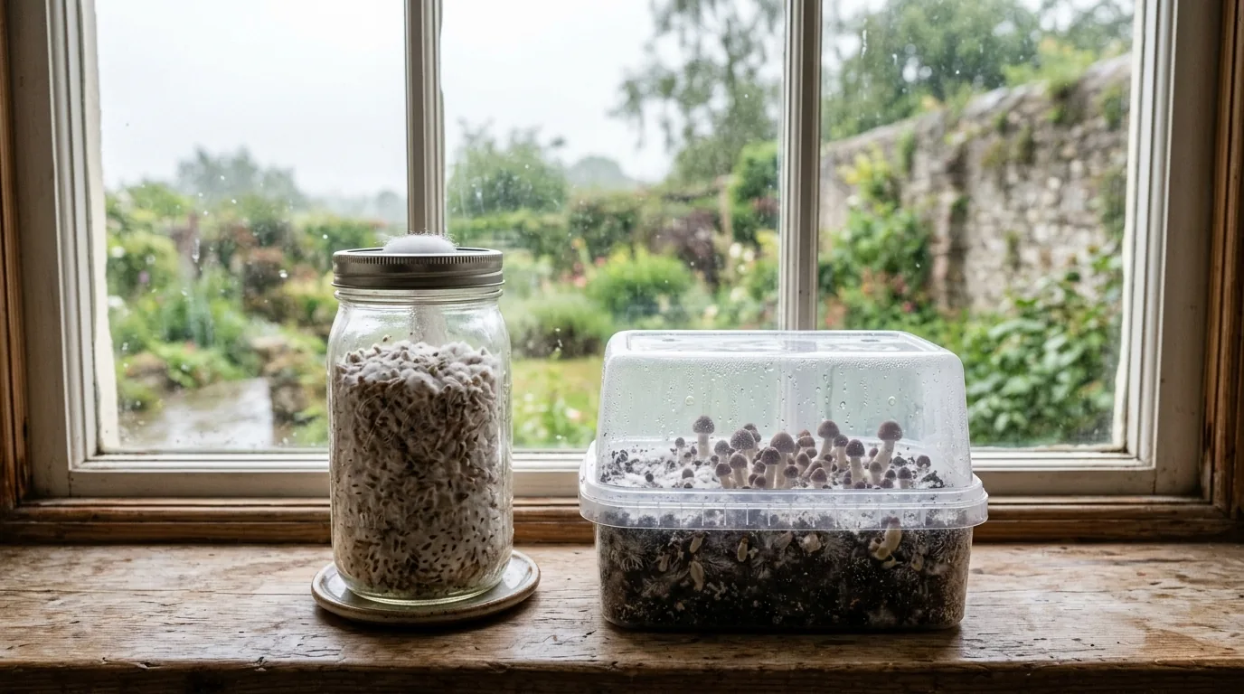 Mushroom grow jar and tub photographed in soft natural window light.