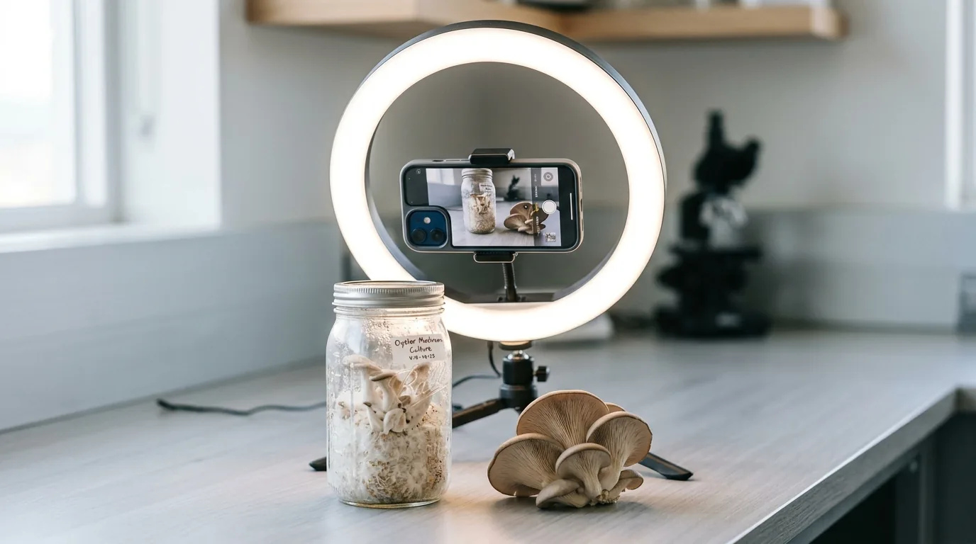 Ring light and phone setup photographing mushrooms and a grow jar on a clean counter.