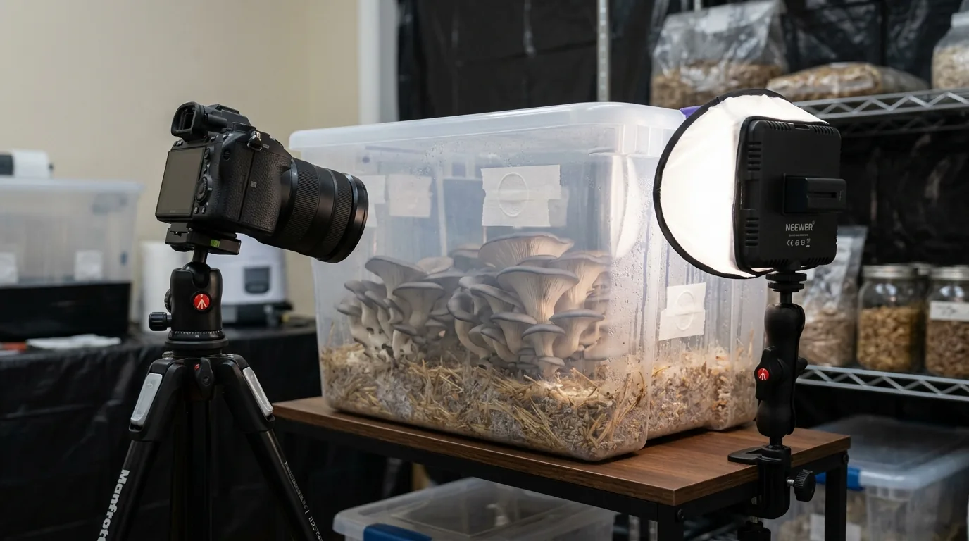 Camera and supplemental light set up beside a mushroom tub for diffused LED documentation.