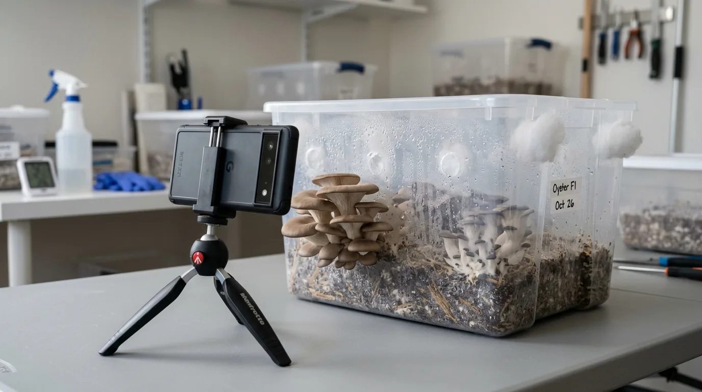 Phone and tripod aimed at a mushroom tub for contamination assessment photos.