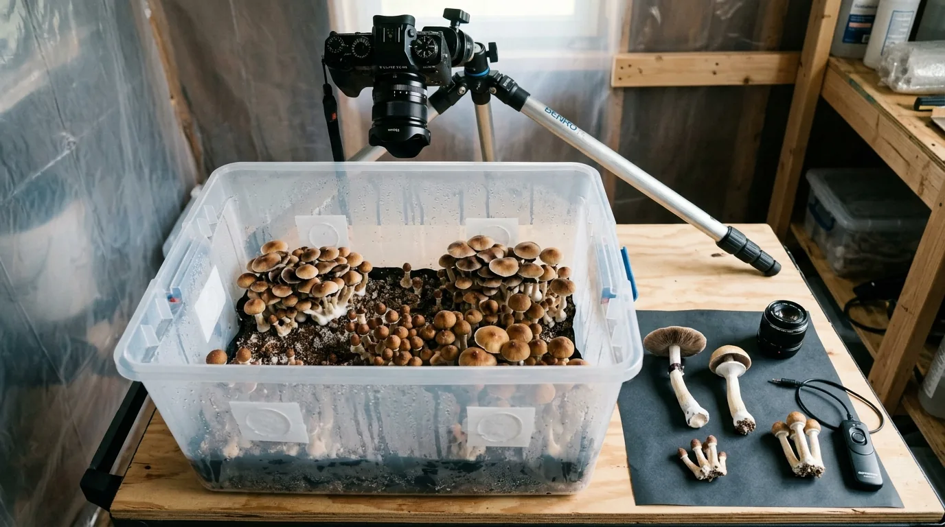 Camera setup above a mushroom fruiting tub with harvested mushrooms arranged nearby.