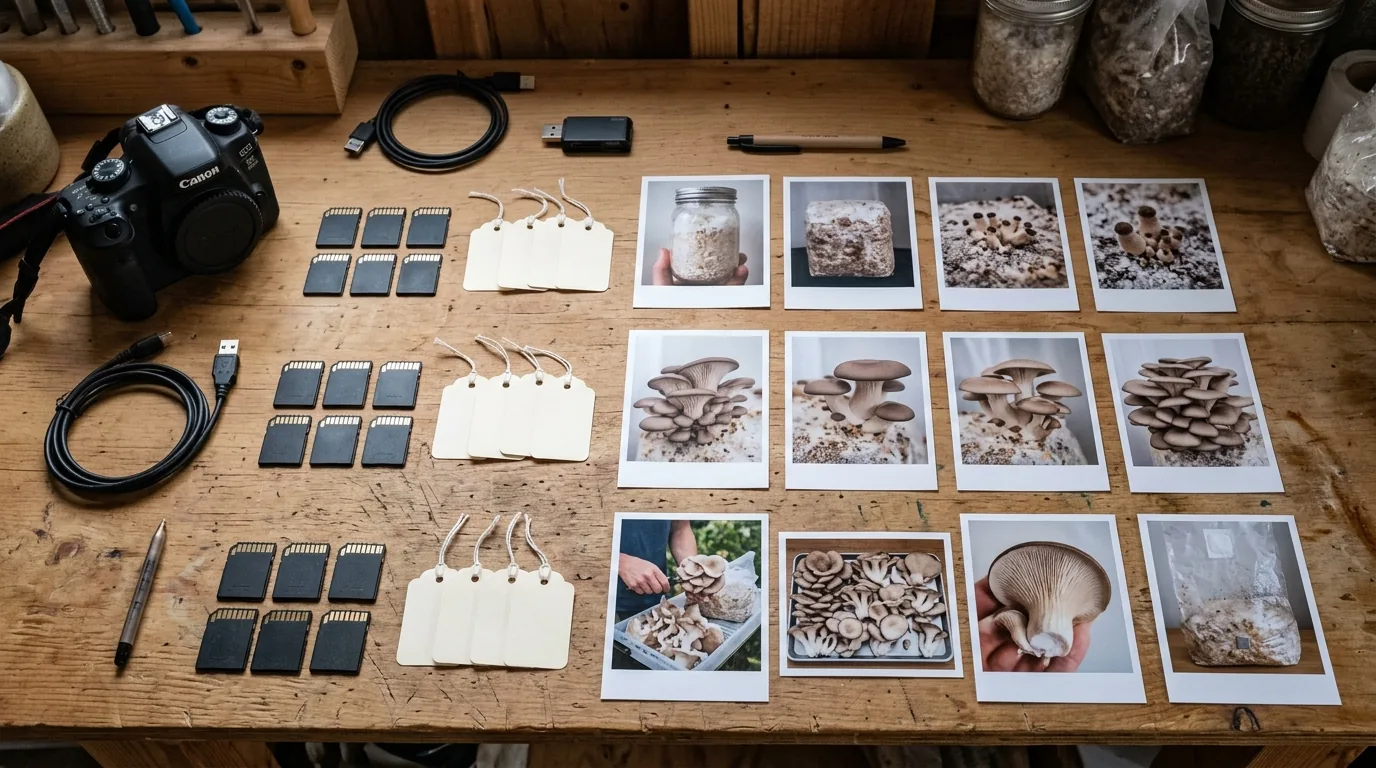 Printed mushroom grow photos, note cards, and camera gear arranged for documentation records.