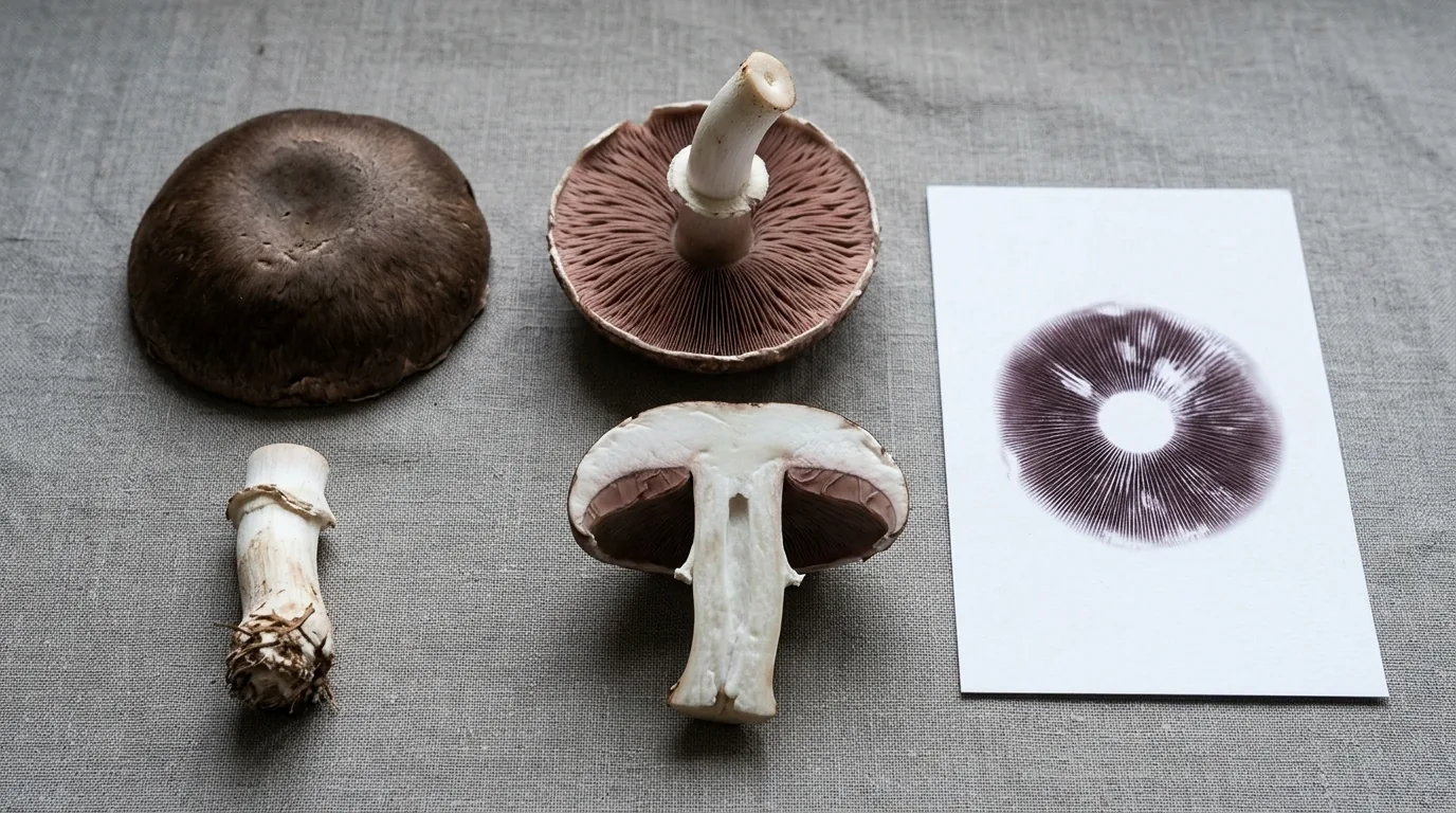 Mushroom cap, stem, cross-section, and spore print arranged for identification photography.