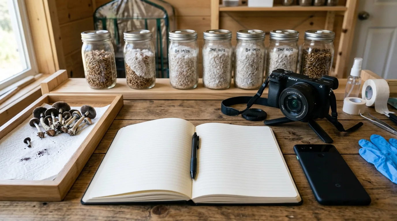 Grow documentation desk with camera, notebook, jars, phone, and mushroom samples arranged for recordkeeping.