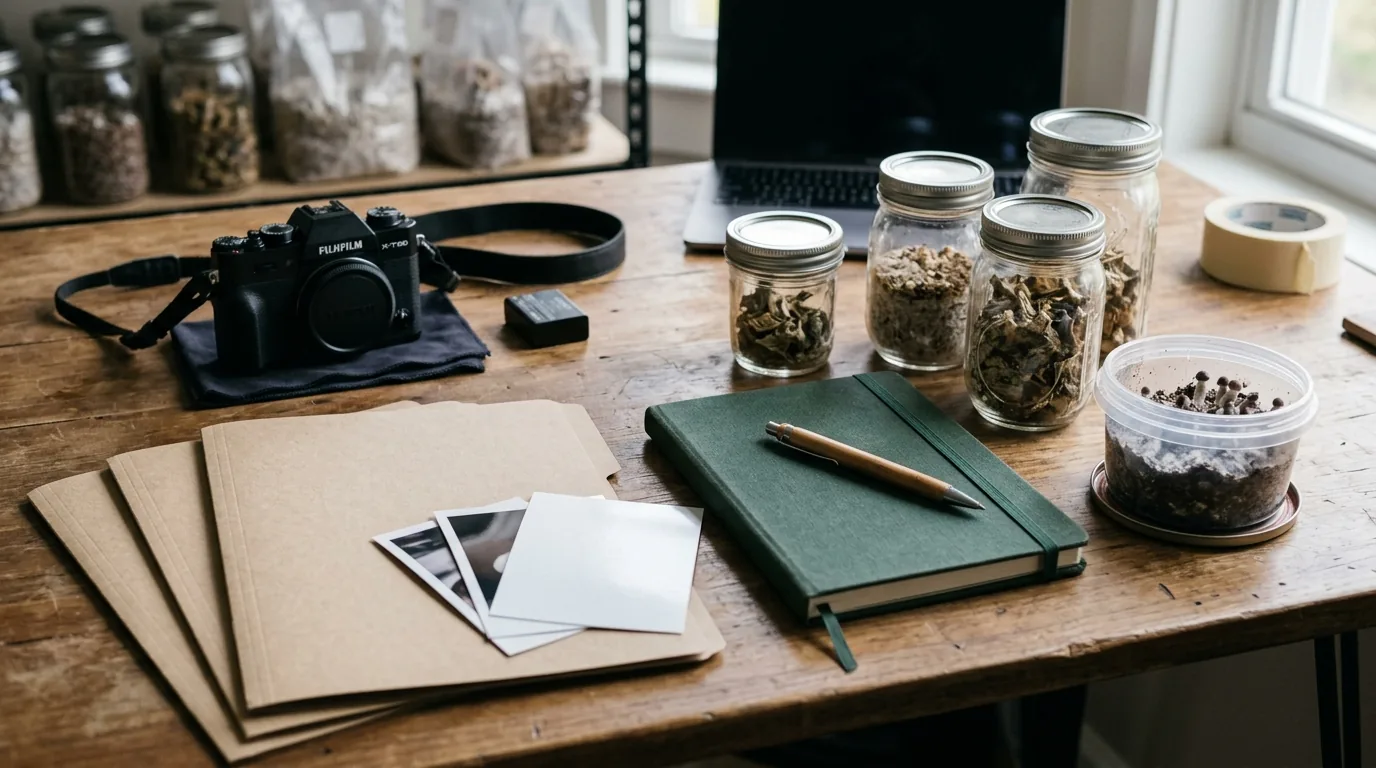 Notebook, camera, jars, and photo cards arranged for naming mushroom grow documentation files.
