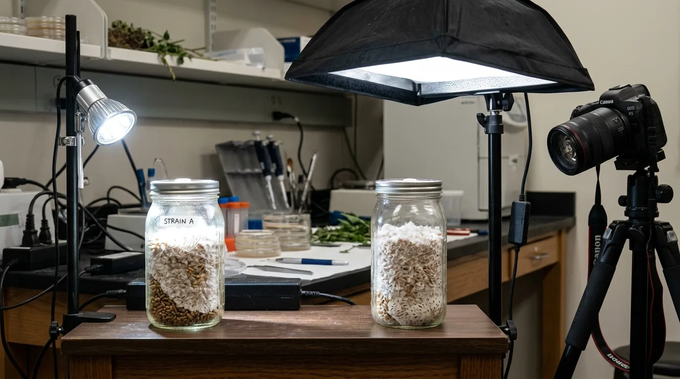 Camera, diffused light, jars, and notebook set up for integrating photos into a grow log.