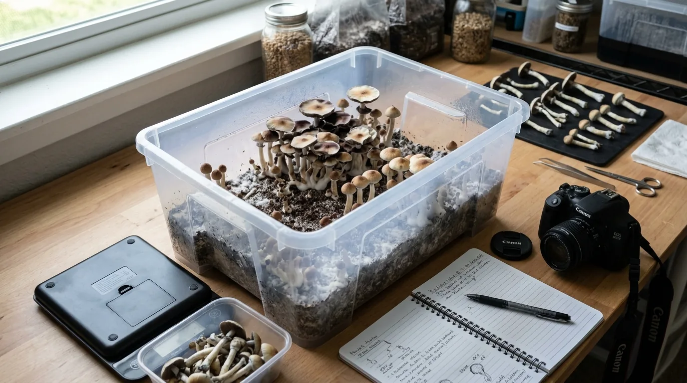 Mushroom tub, phone, camera, and scattered tools showing common grow photography setup mistakes.
