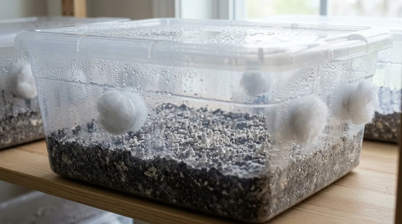 Mushroom monotub with developing fruiting bodies in a controlled indoor environment.