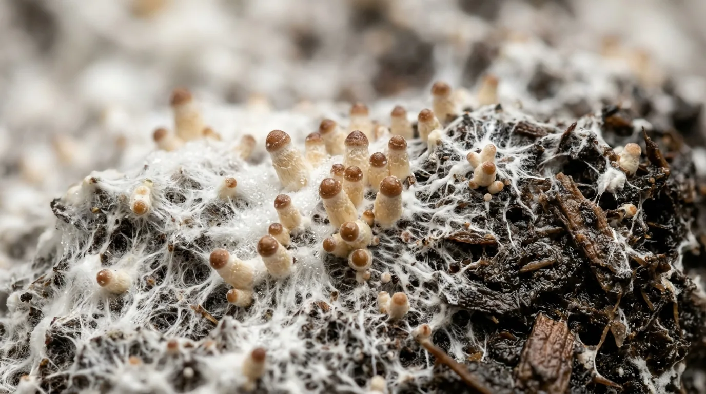 Close-up of tiny mushroom pins emerging from colonized substrate.