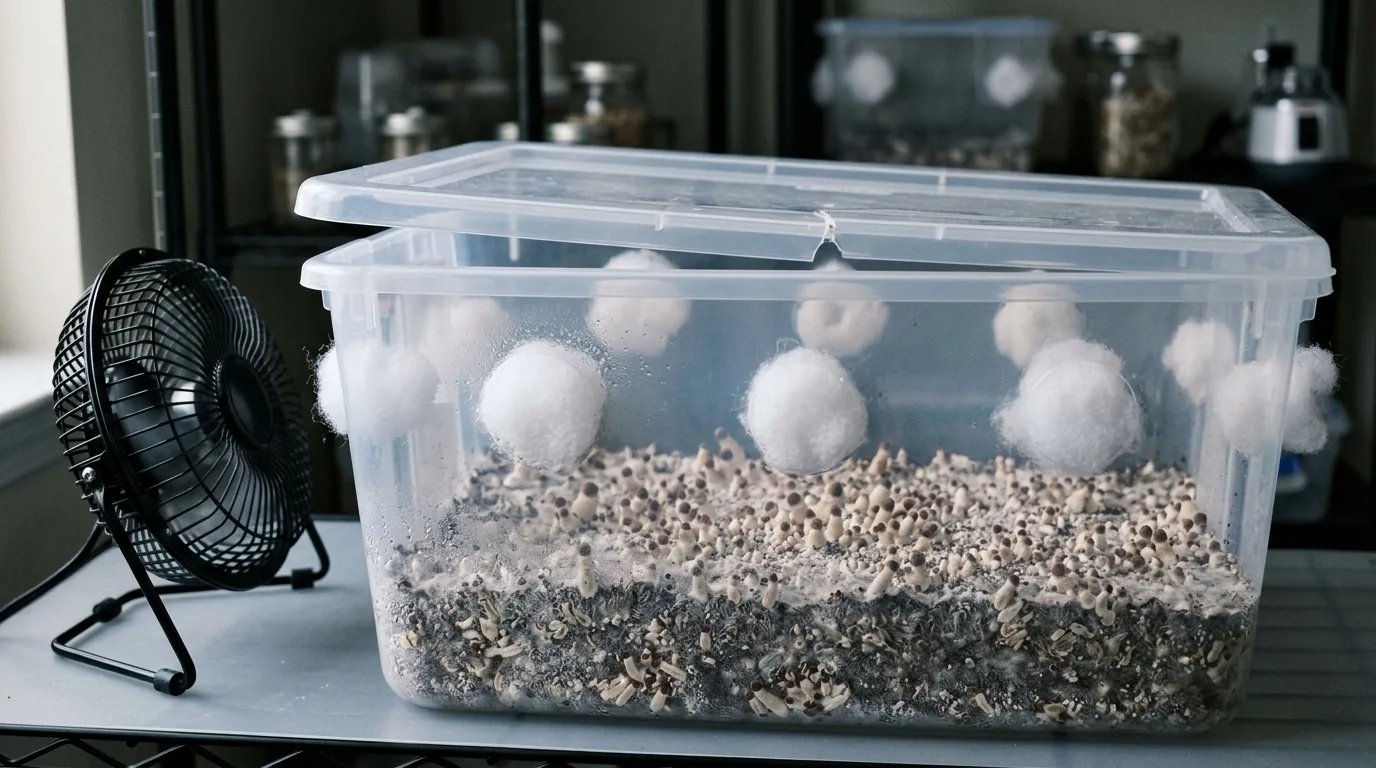 Monotub with young mushrooms, fresh air movement, and controlled light for pinning triggers.