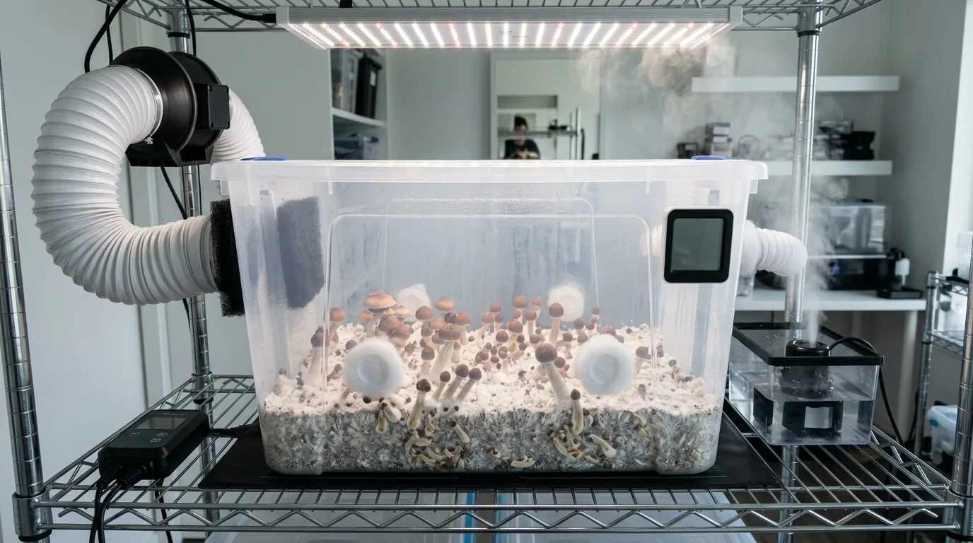 Fruiting tub on a rack with fresh air ducting and environmental controls for mushroom pinning.