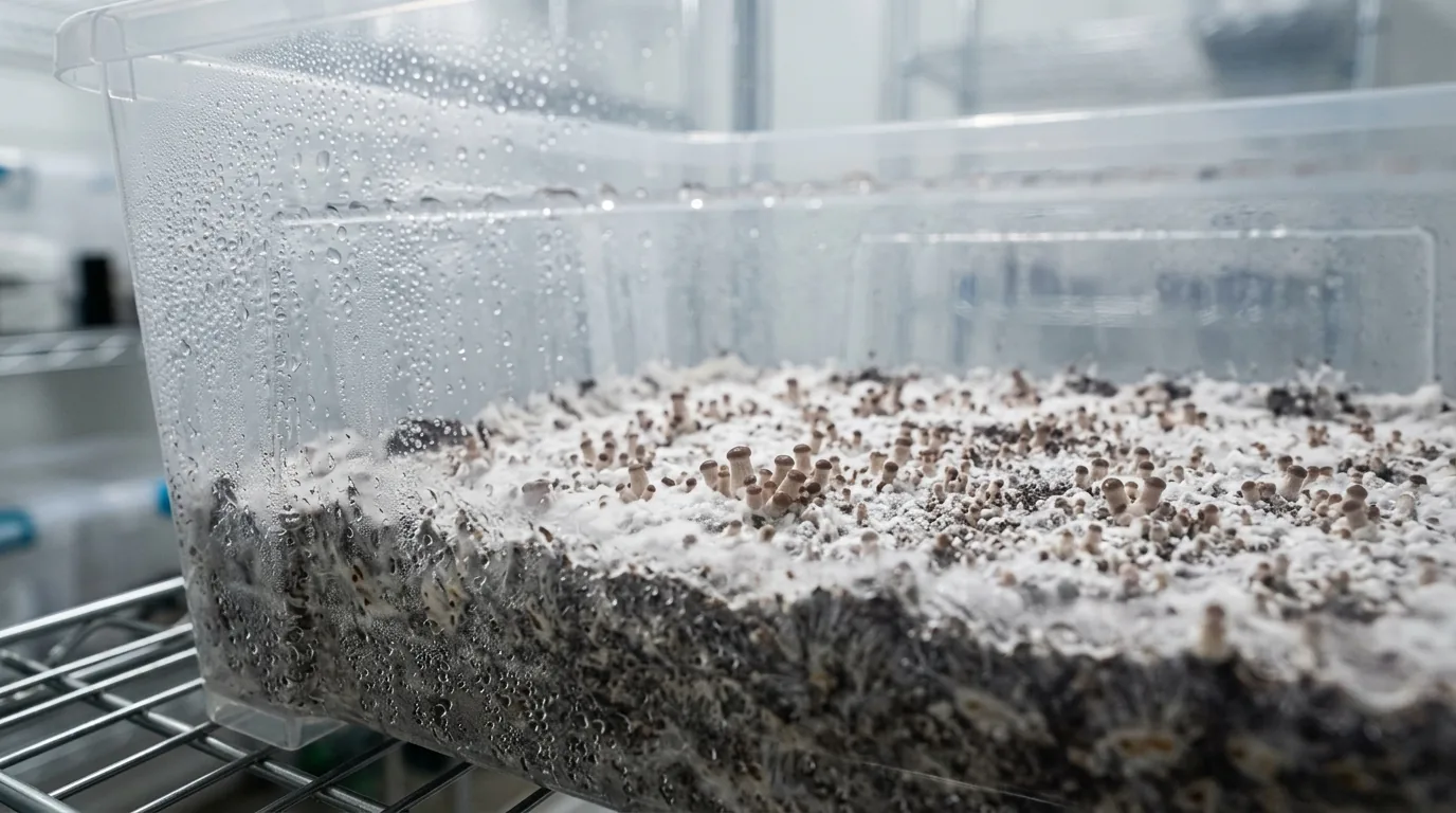 Condensation on the side of a mushroom fruiting tub with early pins forming on the surface.