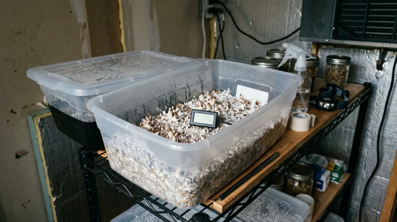 Mushroom fruiting tub in a cool indoor setup with environmental monitoring nearby.