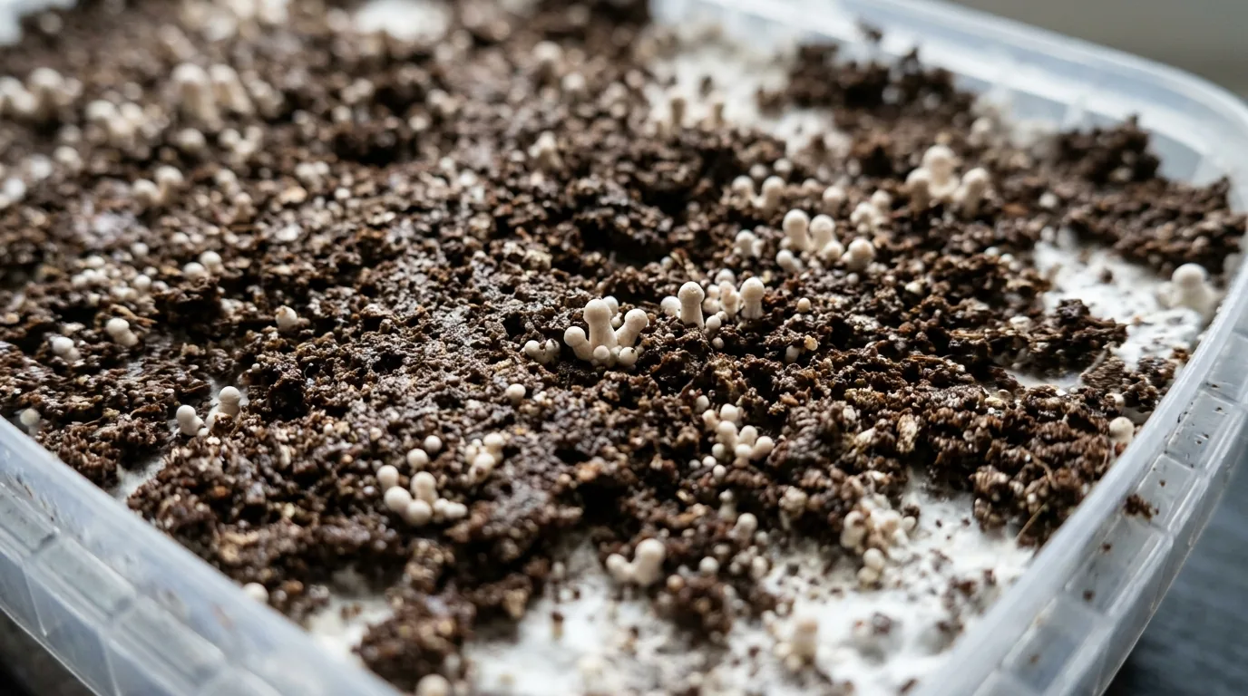 Close view of a textured mushroom substrate surface with small primordia beginning to form.