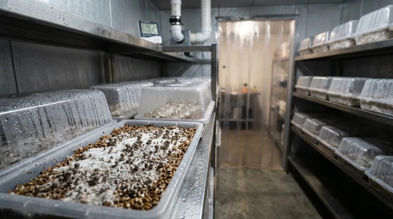 Mushroom tray in a cooler indoor staging space with controlled fruiting conditions.