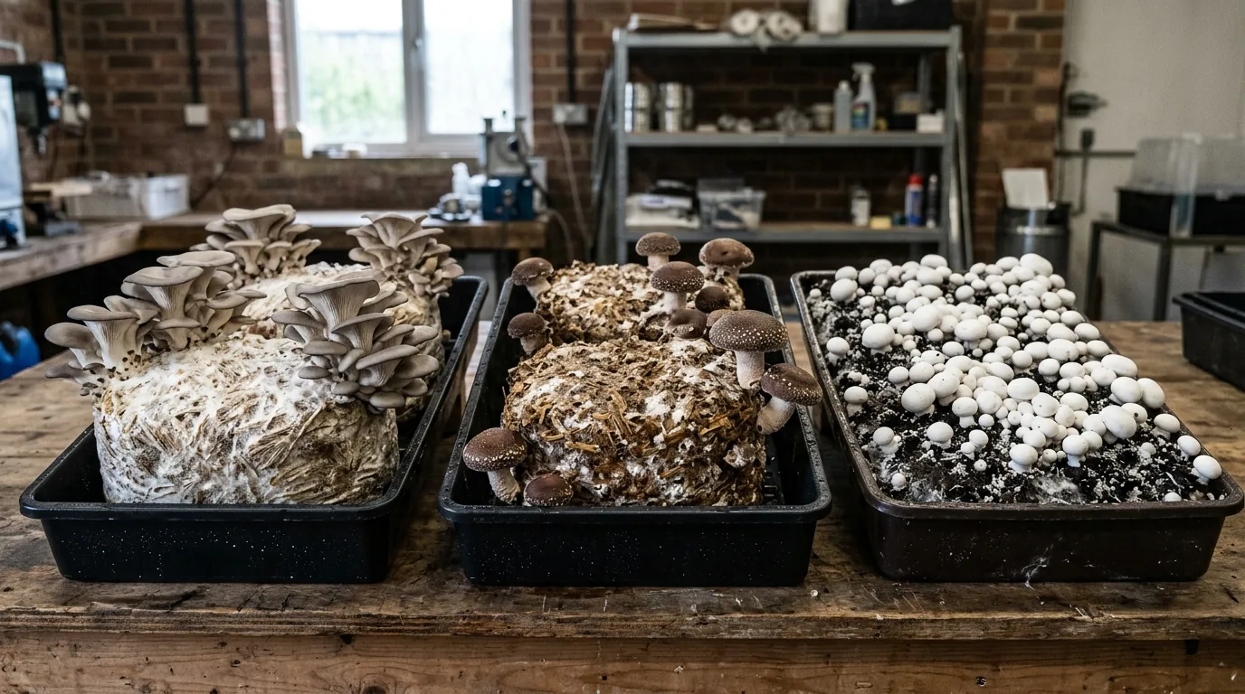 Several mushroom cultivation trays showing different fruiting surfaces and species-style growth patterns.