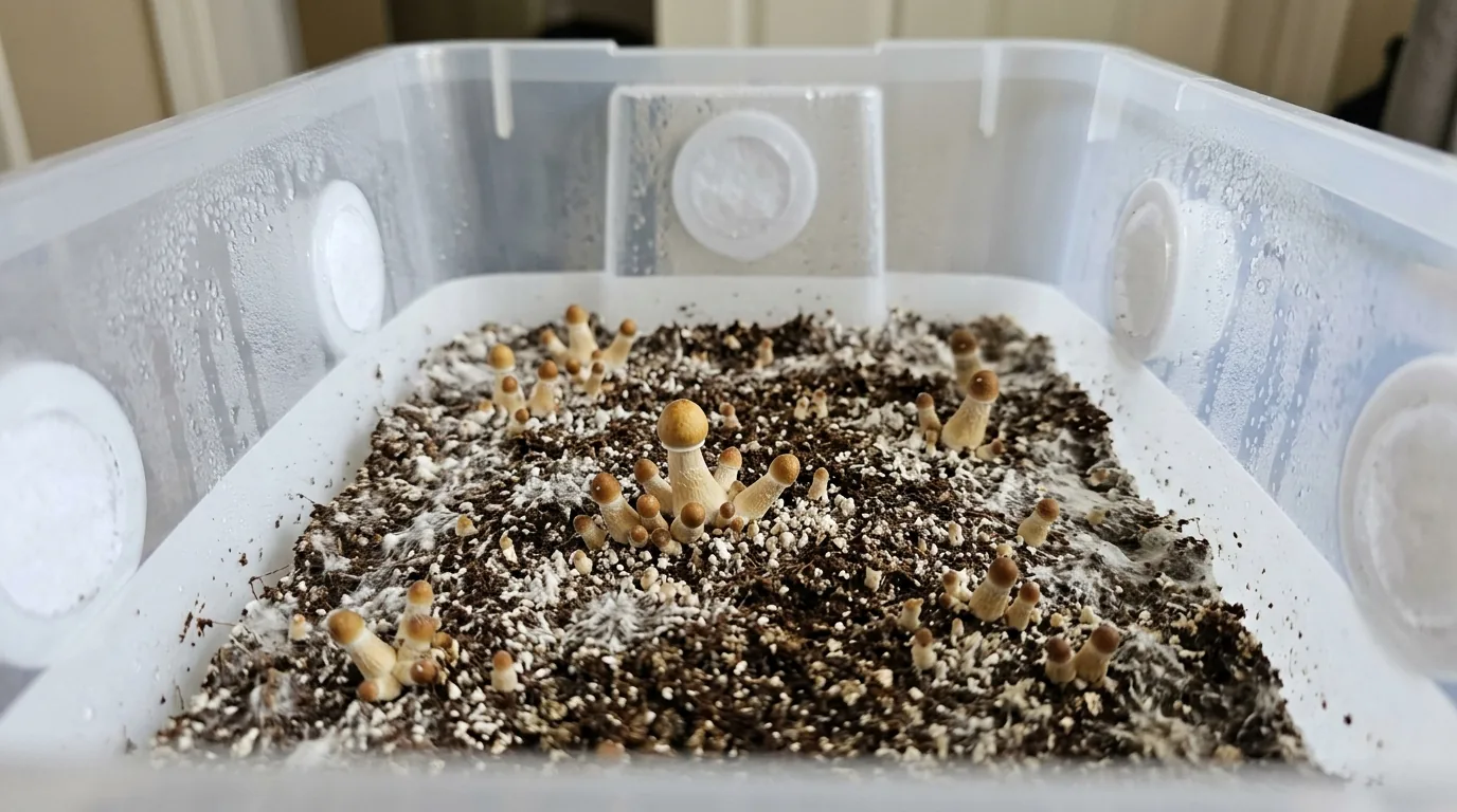 Cubensis-style mushroom pins developing across a monotub substrate surface.