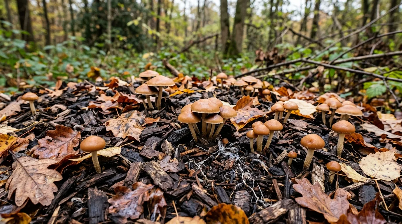 Caramel-brown mushrooms fruiting from an outdoor wood chip bed in damp autumn conditions.