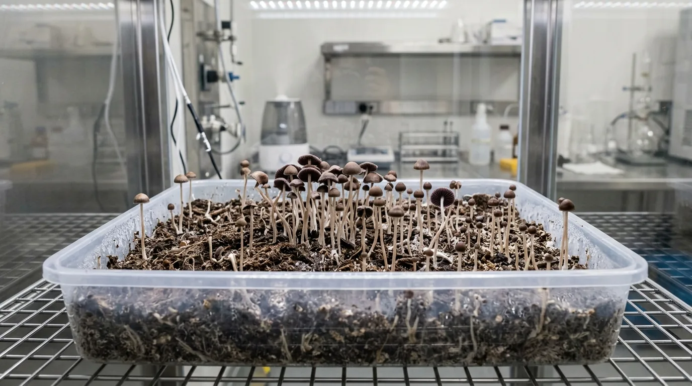 Delicate tall mushrooms fruiting from a shallow tray in a clean indoor setup.