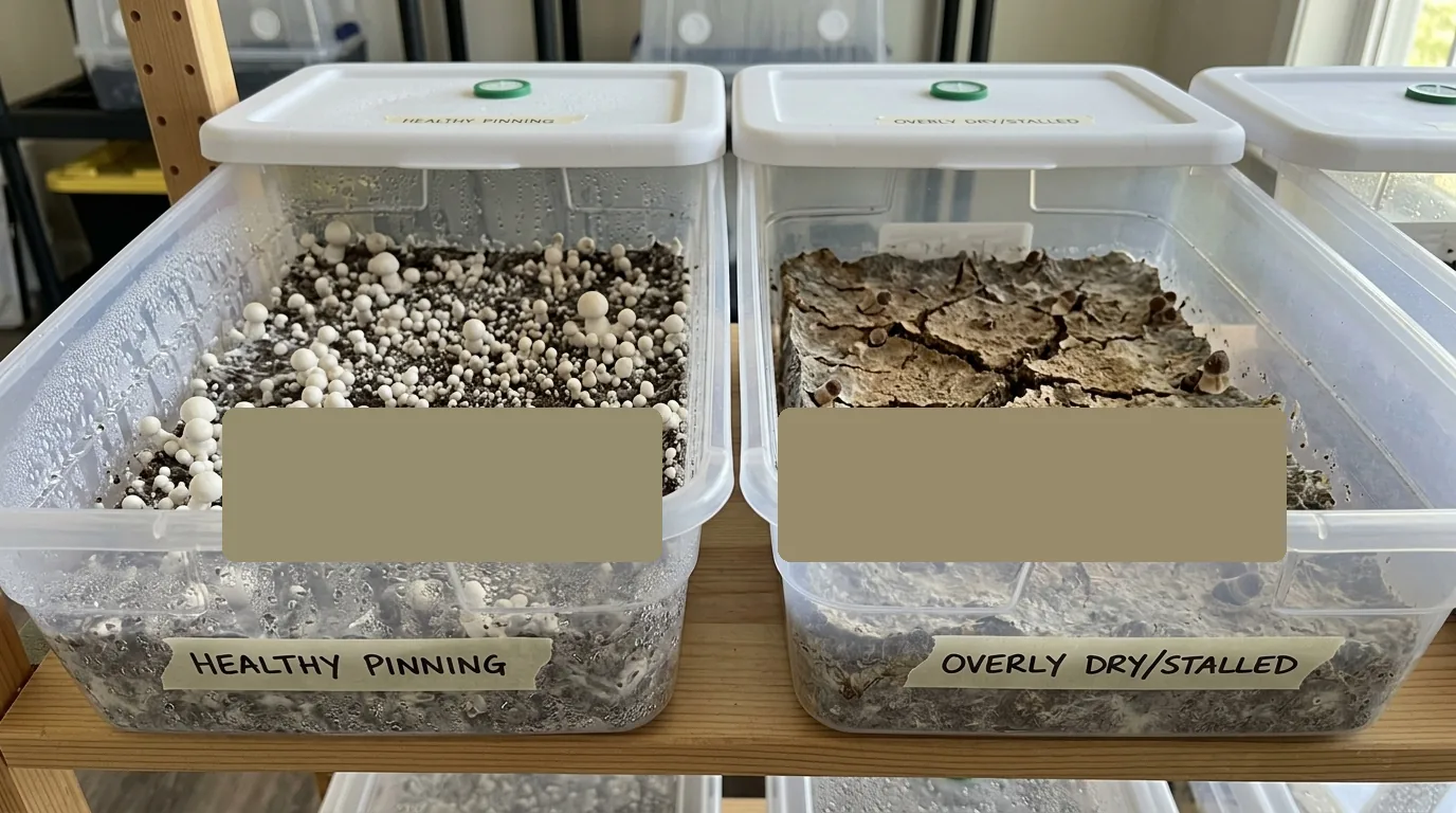 Two mushroom tubs compared side by side to diagnose healthy pinning versus a stalled dry surface.