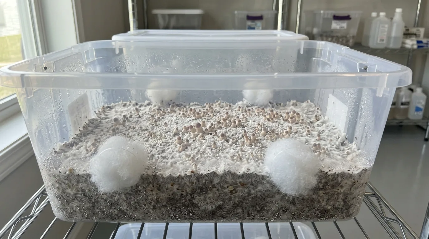 Monotub with a healthy pinning surface and passive air holes in a clean indoor cultivation setup.