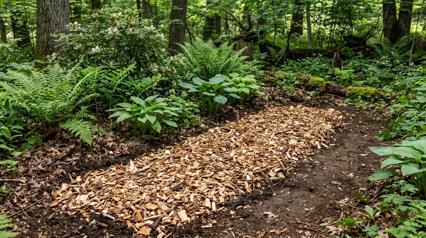 Shaded outdoor wood-chip mushroom bed with caramel mushrooms growing among damp leaves.