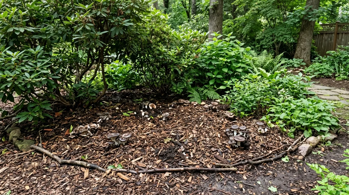 Natural shaded garden bed prepared with wood chips and leaf litter for outdoor mushroom growth.