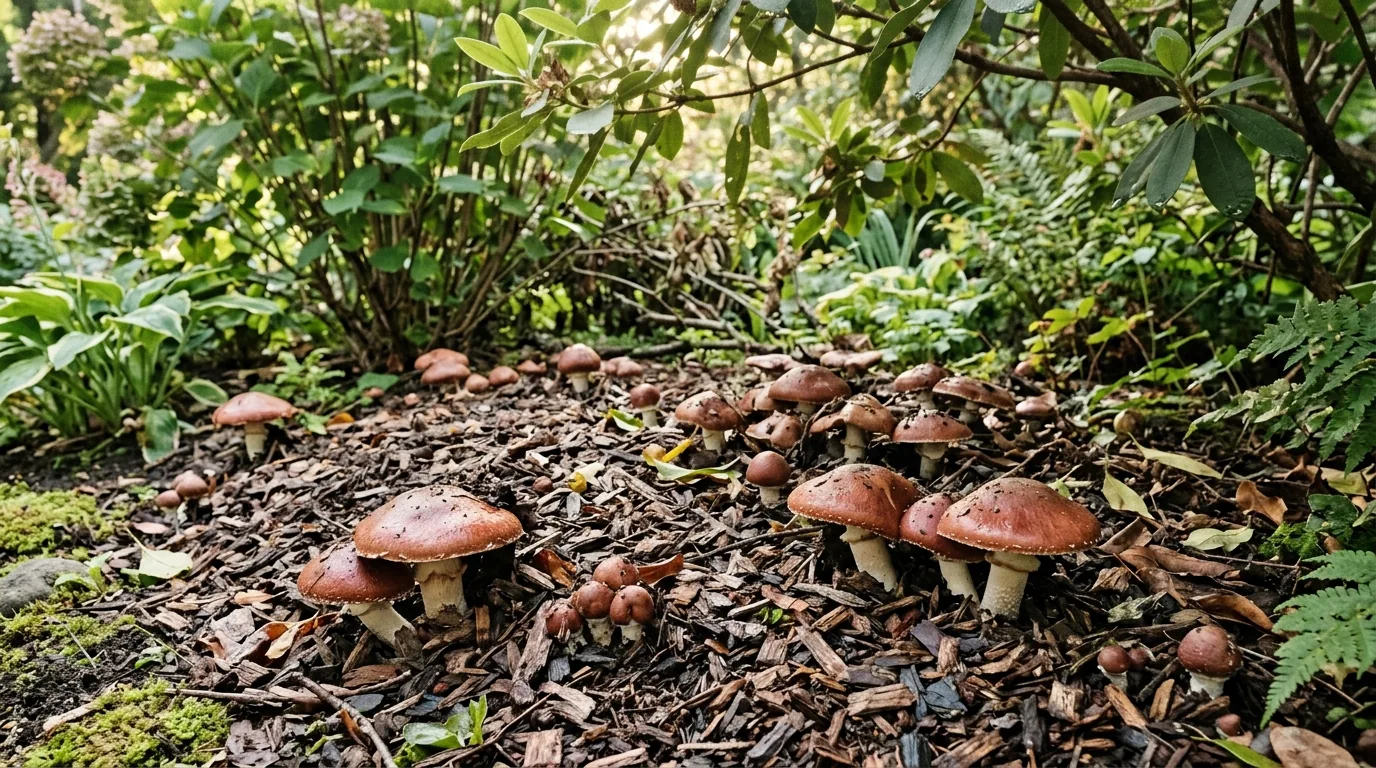 Small caramel mushrooms fruiting from damp wood chips in a shaded outdoor habitat.
