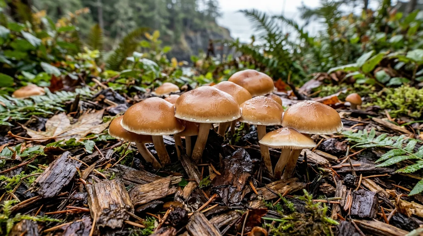 Caramel mushrooms emerging from damp wood chips and leaves in a cool outdoor setting.