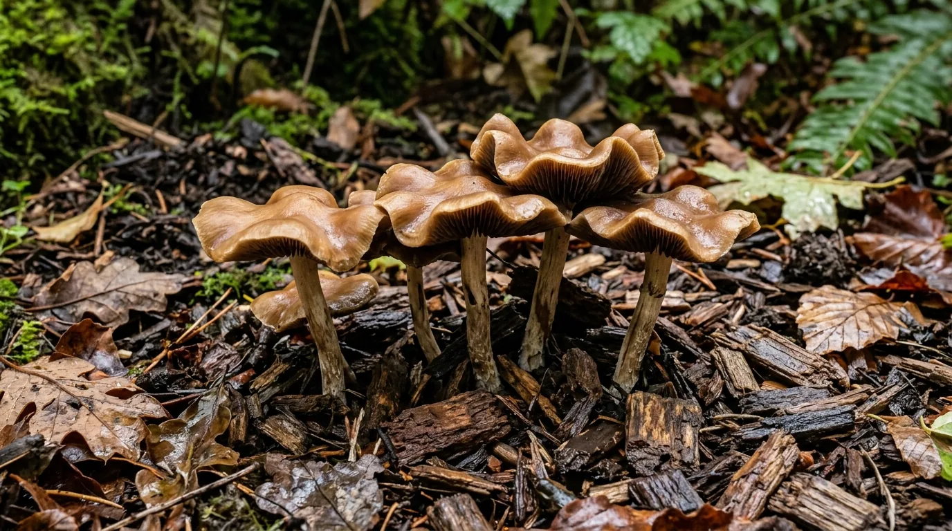 Wavy-cap mushrooms growing from a shaded wood-chip bed with autumn leaves.