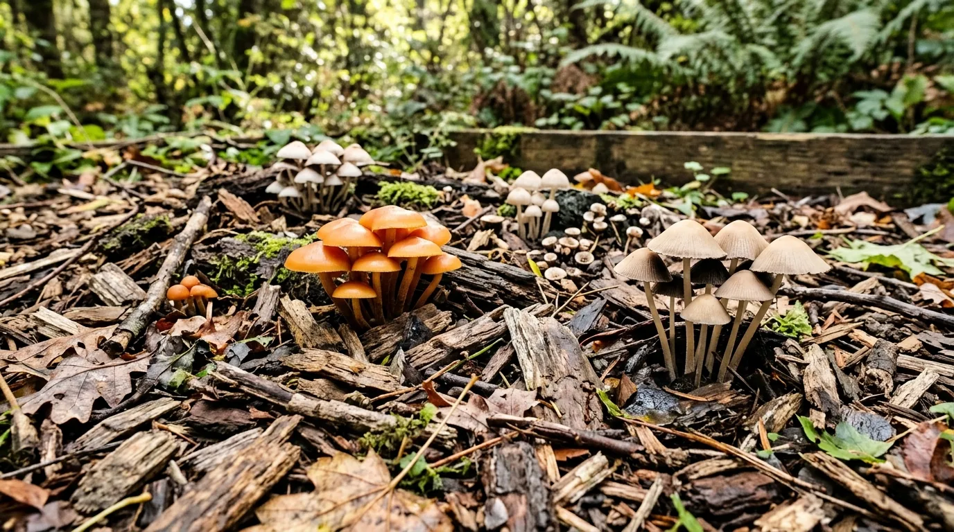 Mixed small mushrooms fruiting from a landscaped wood-chip bed in a shaded garden.