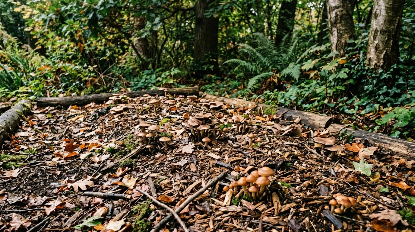 Shaded garden bed area with wood chips, shrubs, and leaf cover selected for outdoor mushroom cultivation.