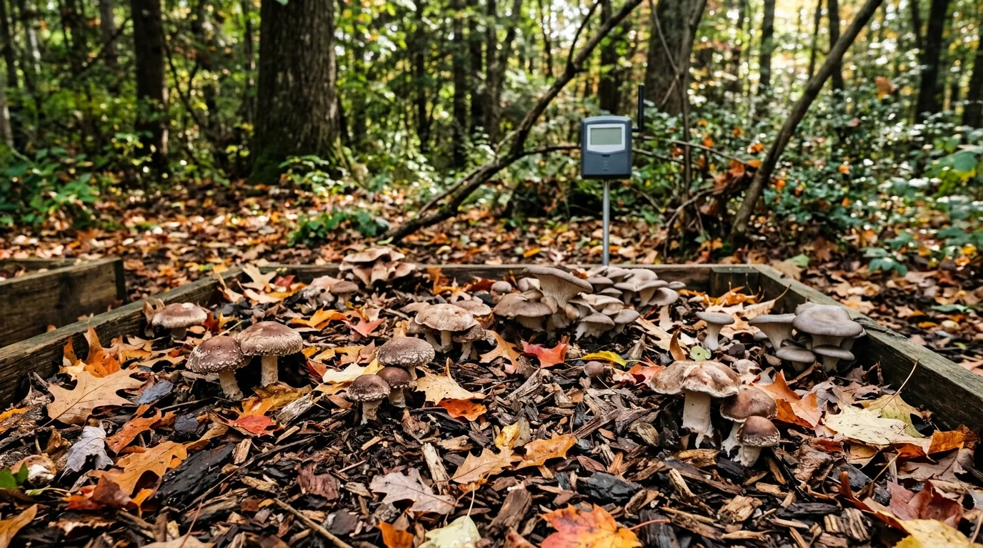 Outdoor wood-chip bed in a cool shaded garden with a small unreadable weather sensor nearby.