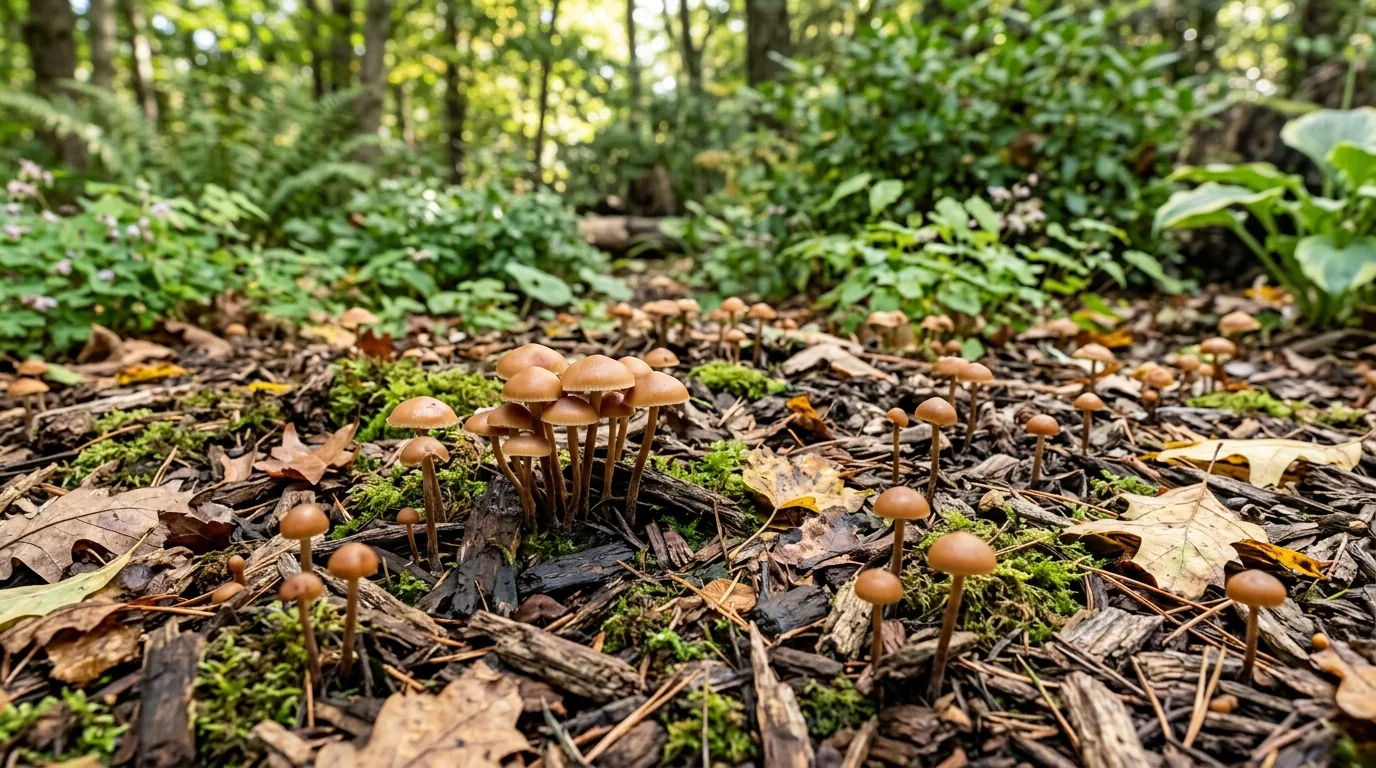 Wood-chip mushroom bed placed in a shaded garden with leaves, soil, and surrounding plants.