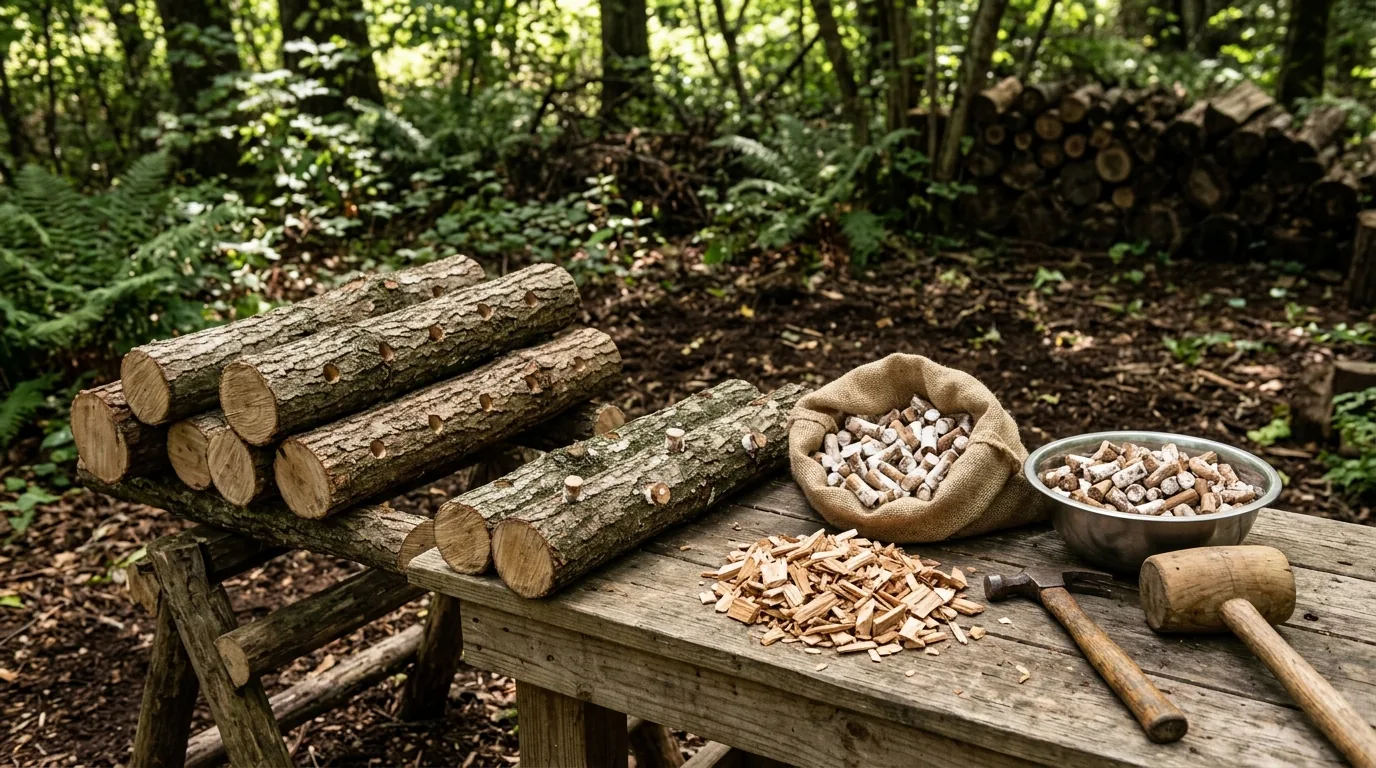 Outdoor work table with hardwood chips, small logs, and tools prepared for a mushroom bed.