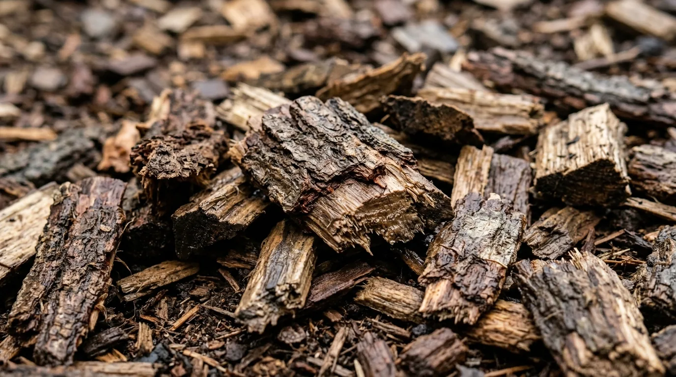 Close-up of mixed hardwood chips with bark texture and natural moisture.